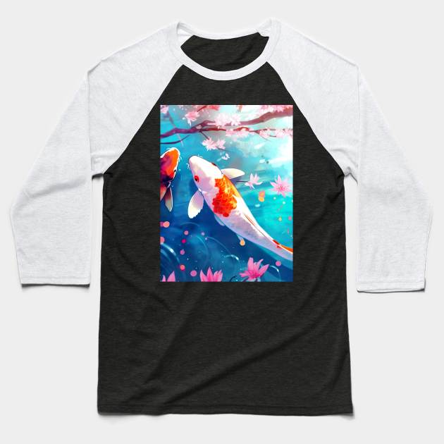 Peaceful Koi Pond with Cherry Blossoms - Anime Wallpaper Baseball T-Shirt by KAIGAME Art